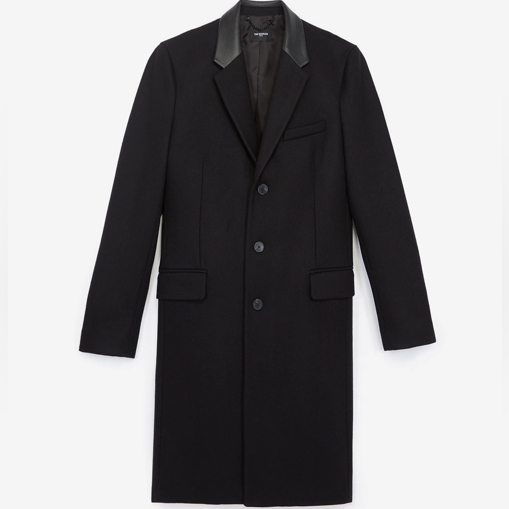 The Kooples Black Long Wool Coat with Leather Lapel Collar in Size Small